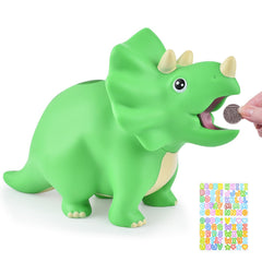 PJDRLLC green dinosaur piggy bank front view showing sturdy, kid-friendly design