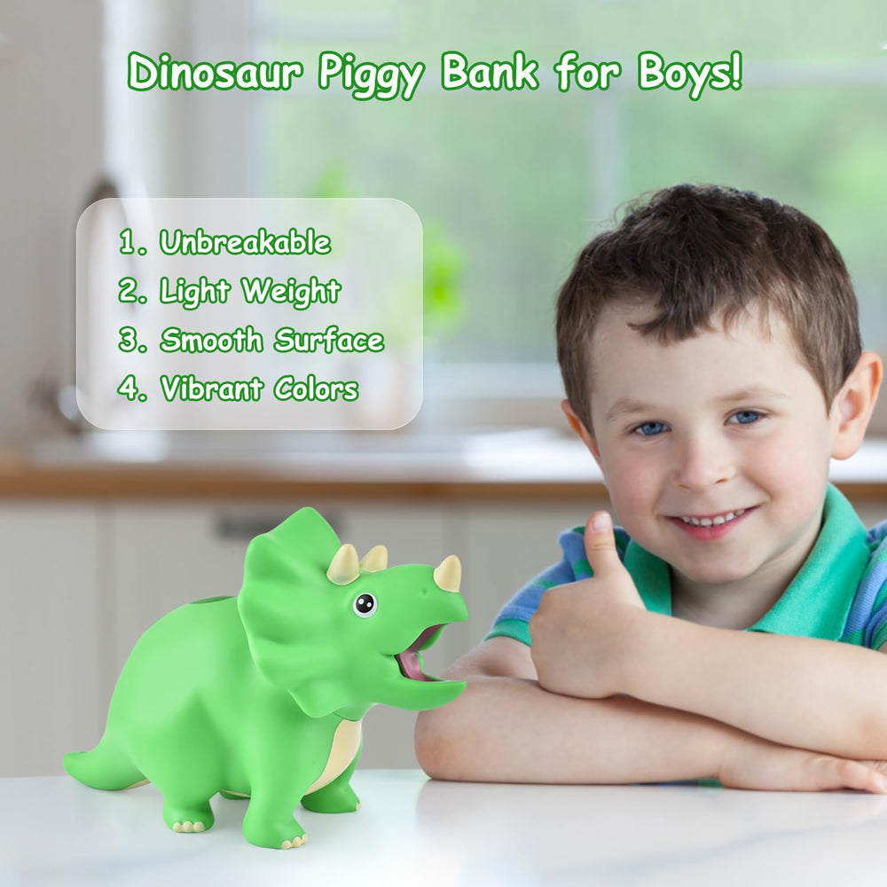 PJDRLLC green dinosaur piggy bank side view highlighting unbreakable plastic body