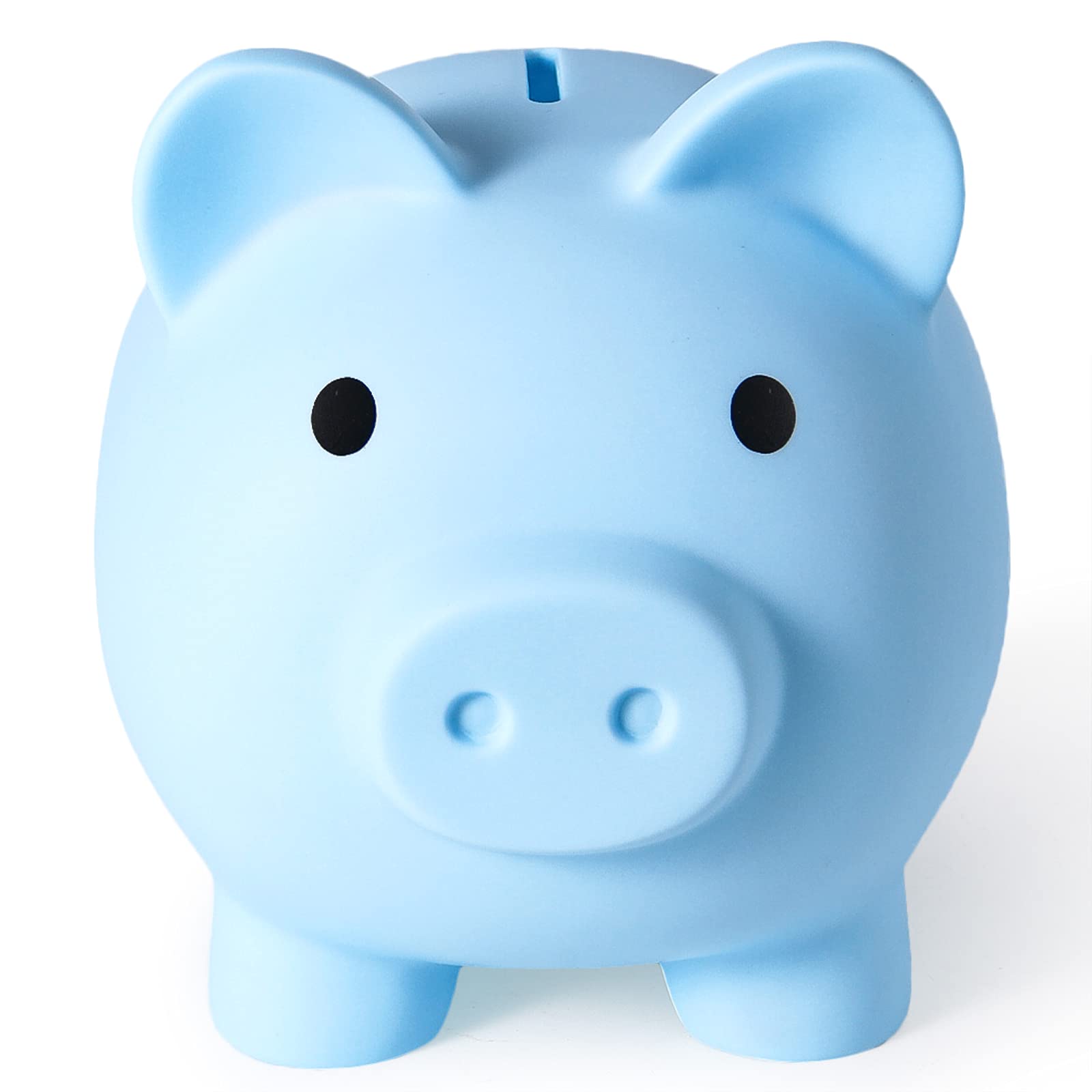PJDRLLC large blue piggy bank front view, durable unbreakable design for kids.