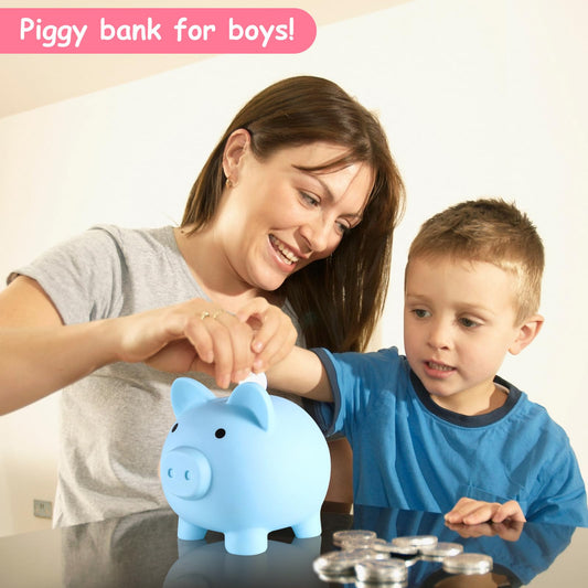 PJDRLLC large blue piggy bank side view showing ample coin storage.