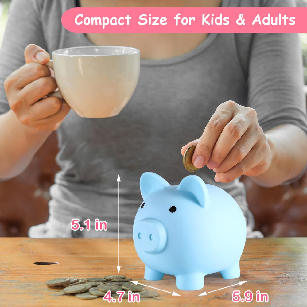 Kid holding the PJDRLLC blue piggy bank to learn saving habits