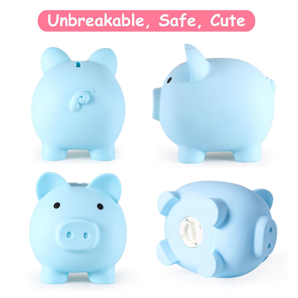 PJDRLLC blue piggy bank with coins inside demonstrates storage capacity