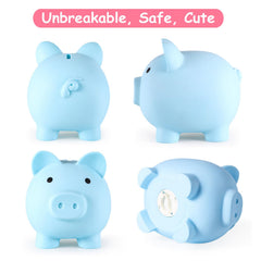 PJDRLLC blue piggy bank with coins inside demonstrates storage capacity