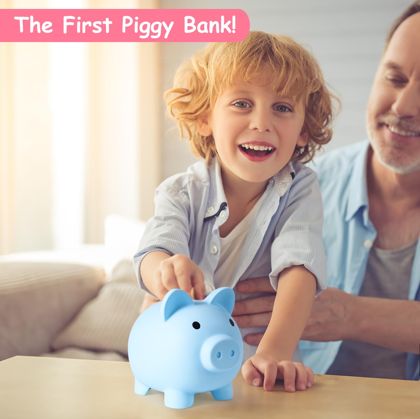 PJDRLLC blue piggy bank side view displays unbreakable plastic construction