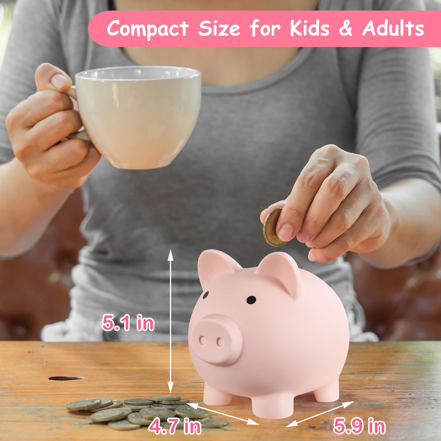 Child holding PJDRLLC piggy bank for small hands
