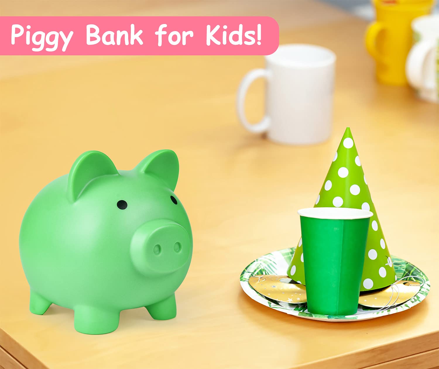 PJDRLLC piggy bank green body with kid-friendly design to encourage saving.