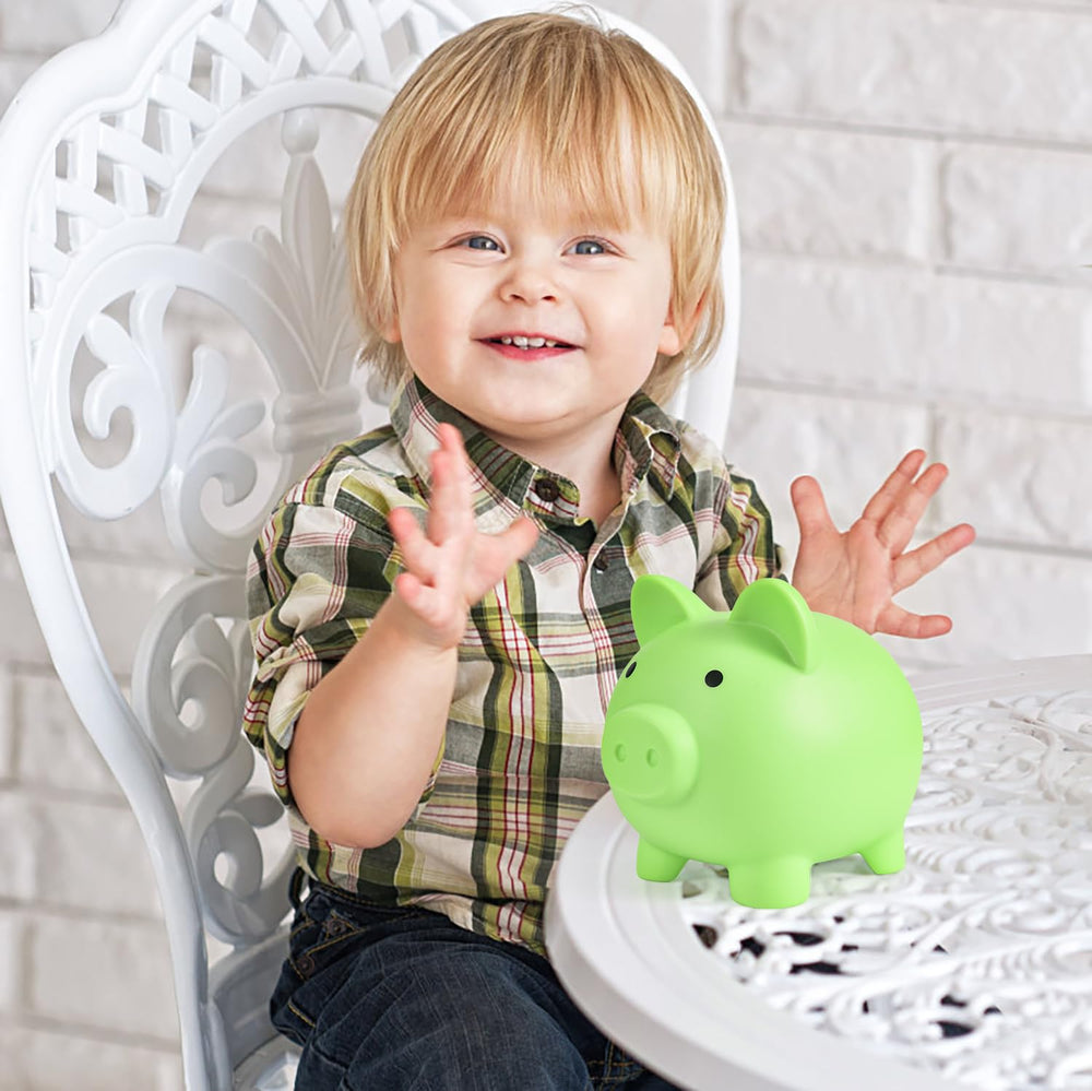 A child holds the PJDRLLC piggy bank, showing easy handling for small hands.