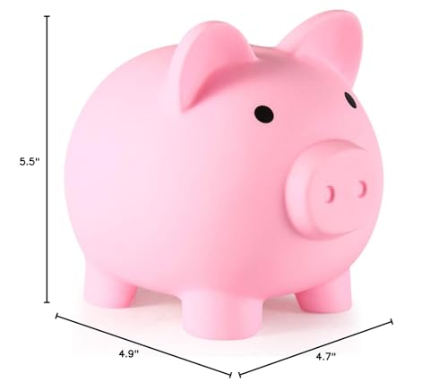 PJDRLLC pink piggy bank being used by a child for saving coins