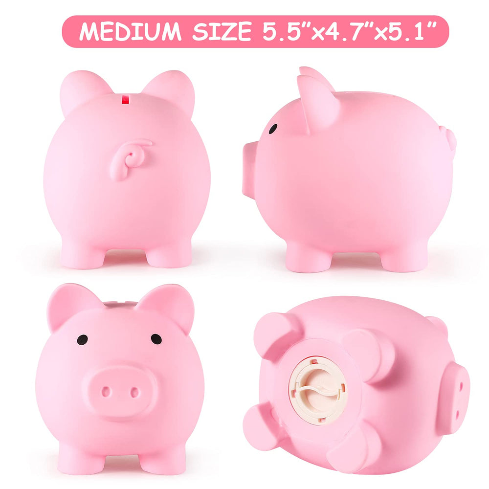 PJDRLLC pink piggy bank dimensions view middle size fits small hands