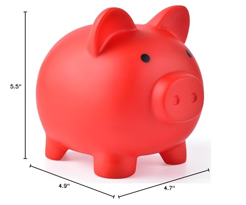 PJDRLLC Piggy Bank red kids holding, easy to carry and save.