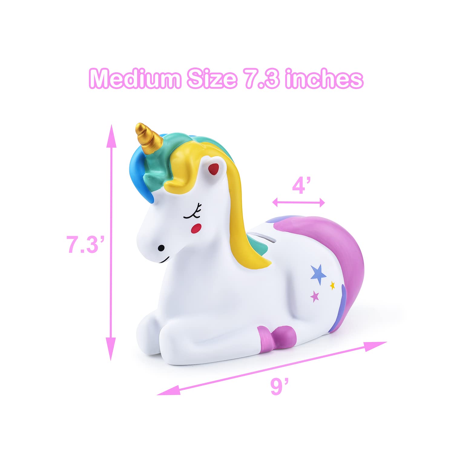 PJDRLLC 9-inch by 6.5-inch piggy bank size for little hands.