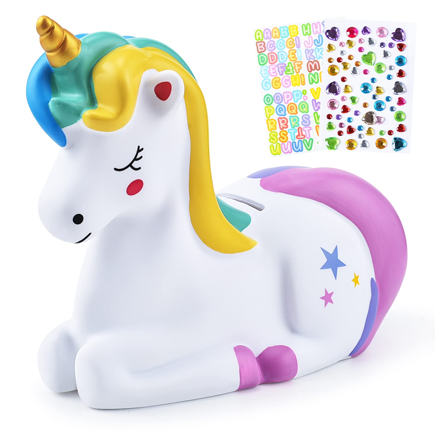 PJDRLLC unicorn rainbow piggy bank, durable design for kids' savings.