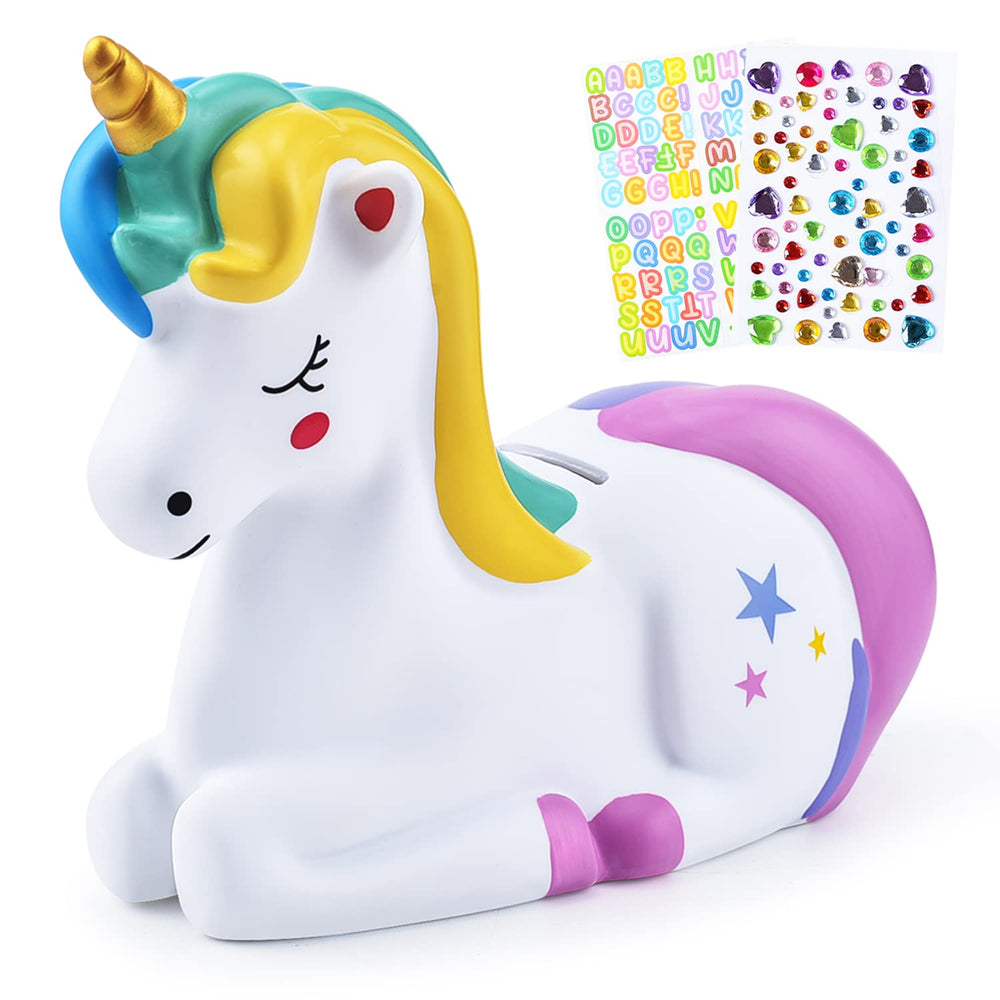 PJDRLLC unicorn rainbow piggy bank, durable design for kids' savings.