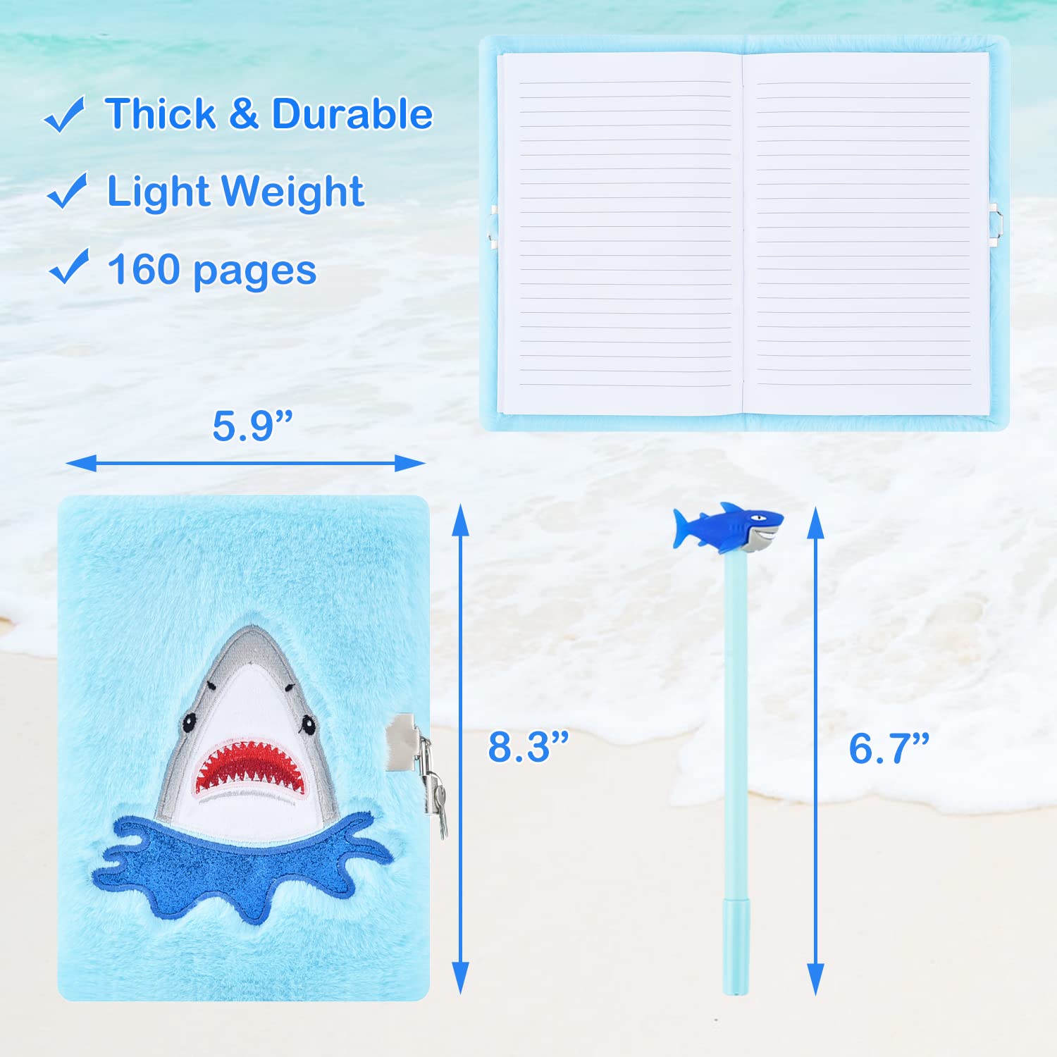 PJDRLLC Shark Diary cover in plush material, soft to touch.