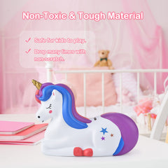 PJDRLLC unicorn piggy bank with alphabet stickers for personalization.