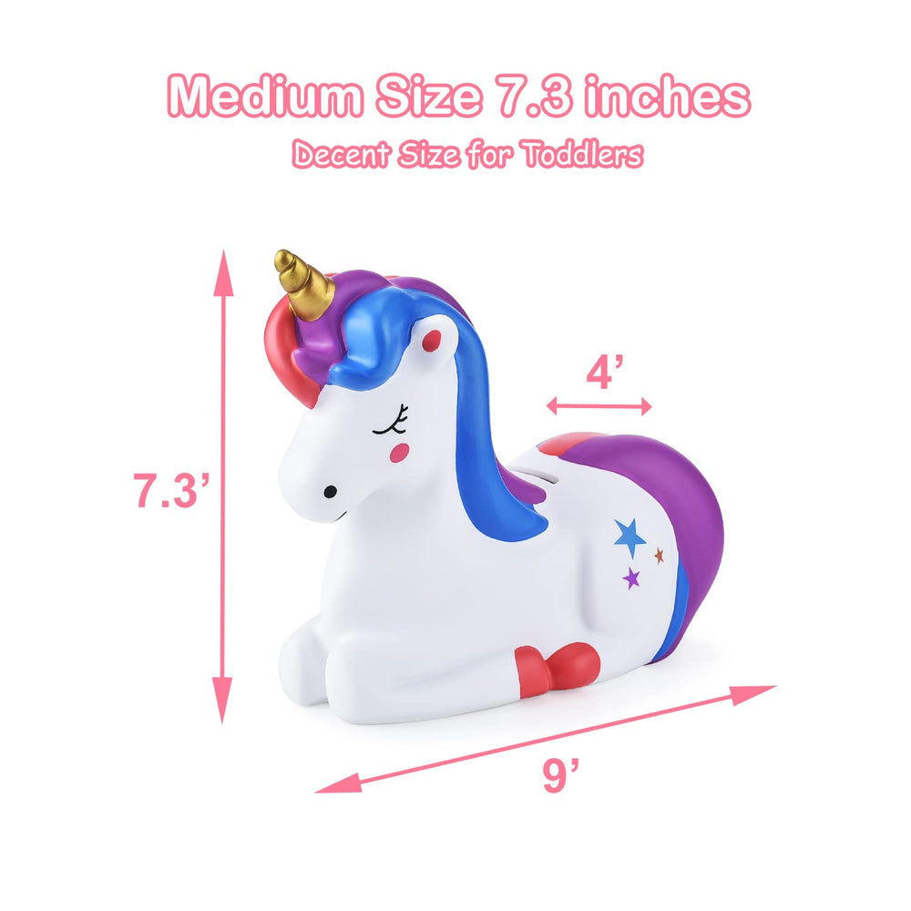 PJDRLLC unicorn piggy bank bottom knob for easy deposits and retrieval.
