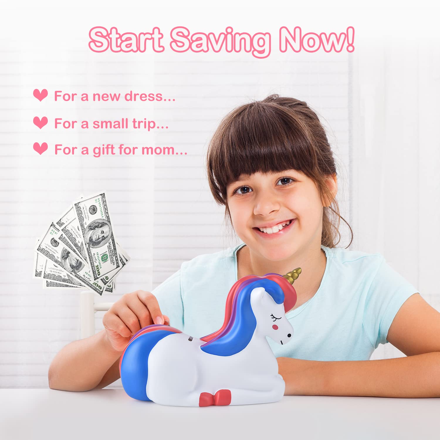 Purple PJDRLLC unicorn piggy bank adds playful decor to a child’s room.