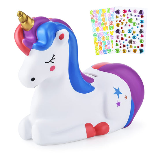 PJDRLLC unicorn piggy bank for girls in purple, front view invites saving.