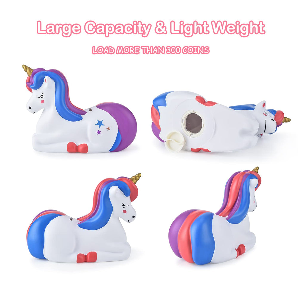 PJDRLLC unicorn piggy bank in unbreakable plastic for durable play.