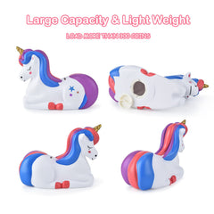PJDRLLC unicorn piggy bank in unbreakable plastic for durable play.