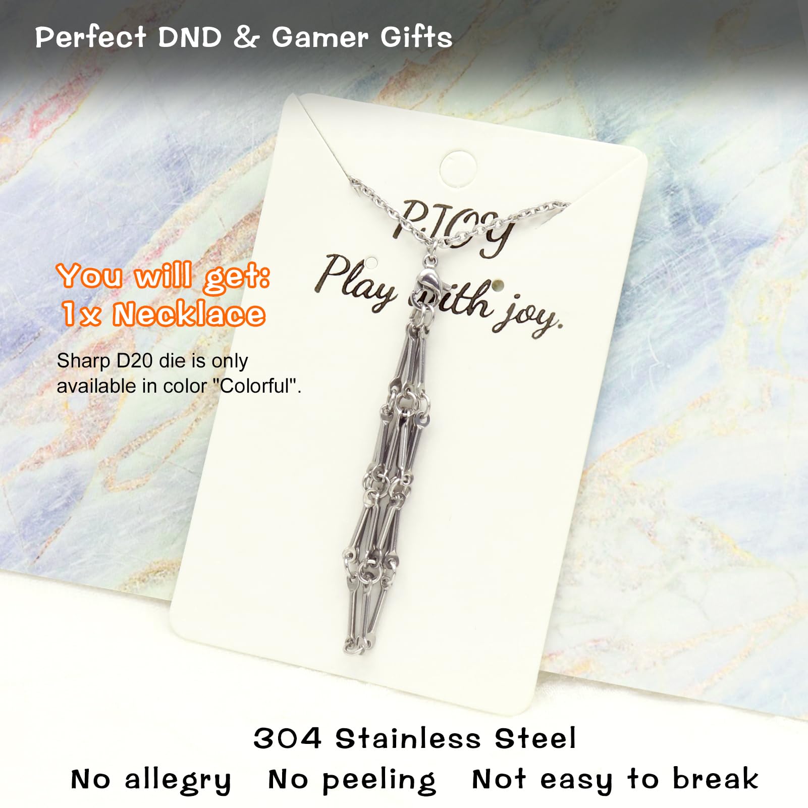 PJOY DND necklace shows dice cage inside, secure hold for standard and large D20s