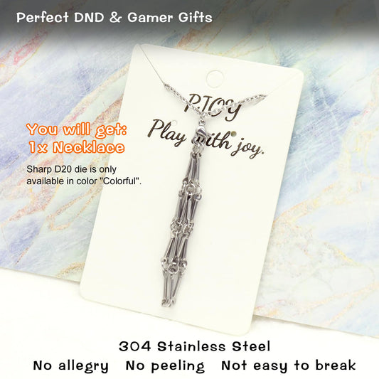 PJOY DND necklace shows dice cage inside, secure hold for standard and large D20s