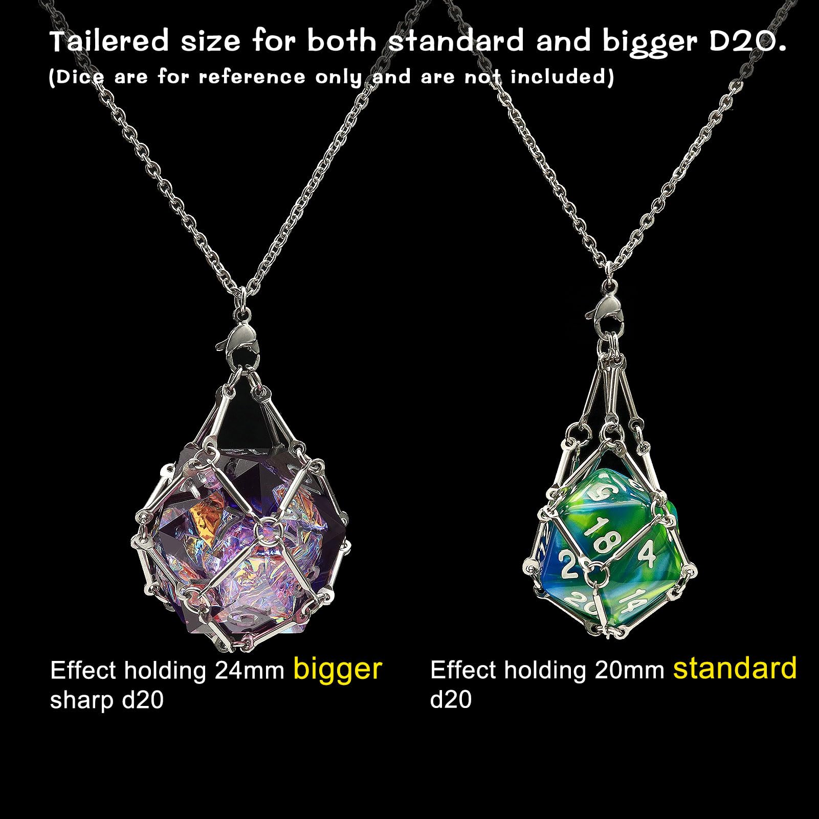 PJOY DND cage holds standard and large D20 dice securely, versatile display