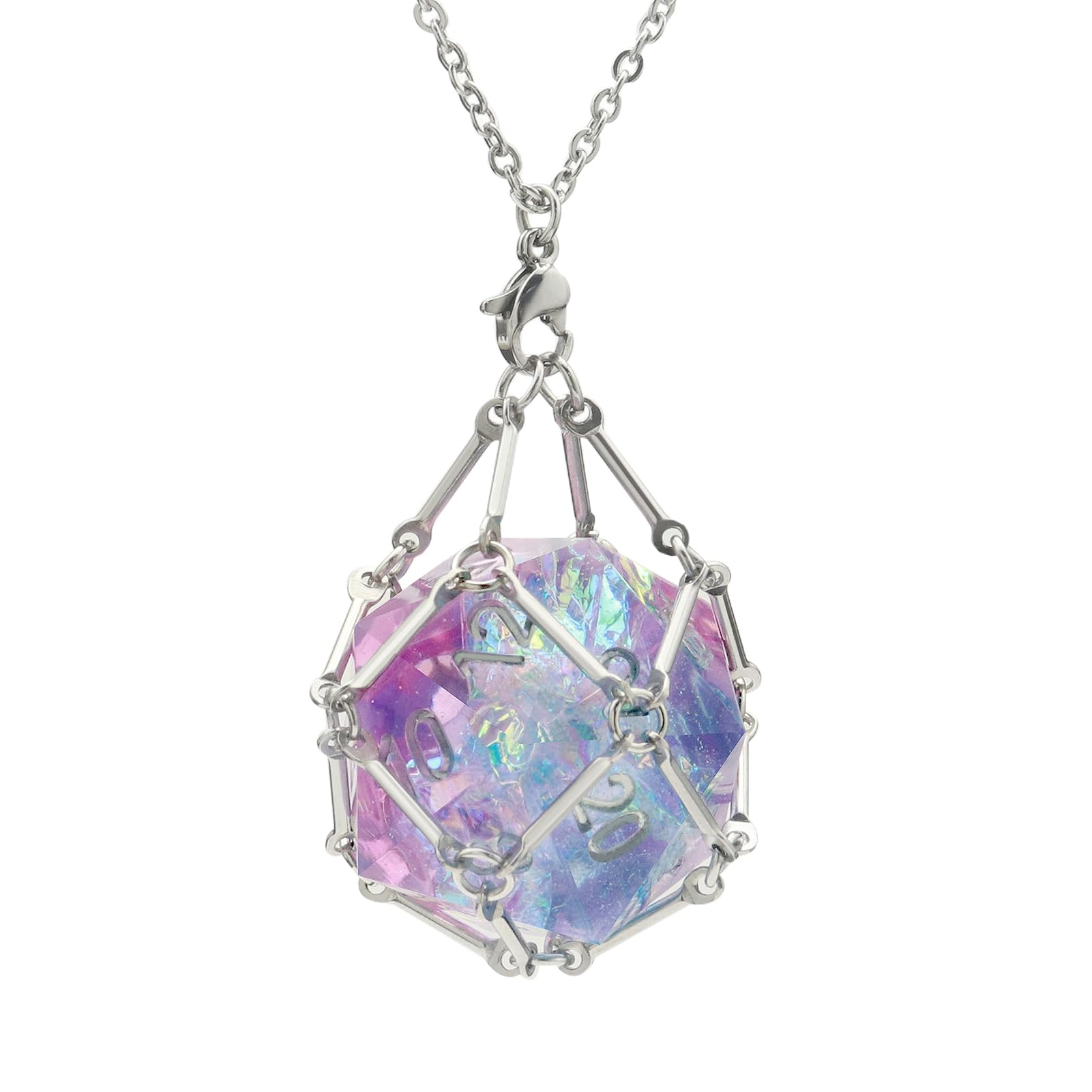 PJOY DND silver necklace with dice cage on display for secure D20 showcase