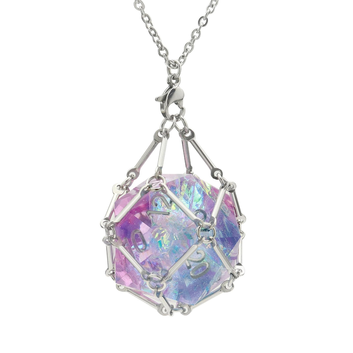 PJOY DND silver necklace with dice cage on display for secure D20 showcase