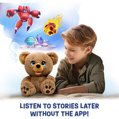 Poe The AI Story Bear listening with device offers flexible narration