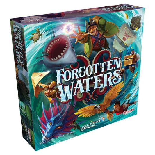 Forgotten Waters box cover by Plaid Hat Games invites players to start a playful pirate voyage.
