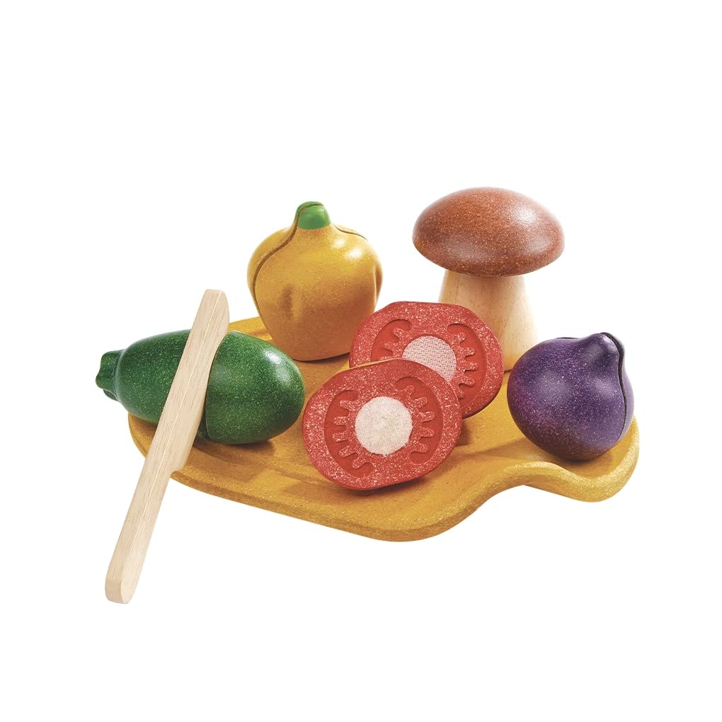 PlanToys wooden assorted vegetables on a tray with knife for imaginative cooking play.