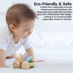 PlanToys eco-friendly rubberwood with water-based dyes for safe, sustainable play.