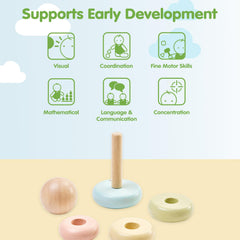 PlanToys First Stacking Ring with foldable center rod reduces pinch risk during early play.