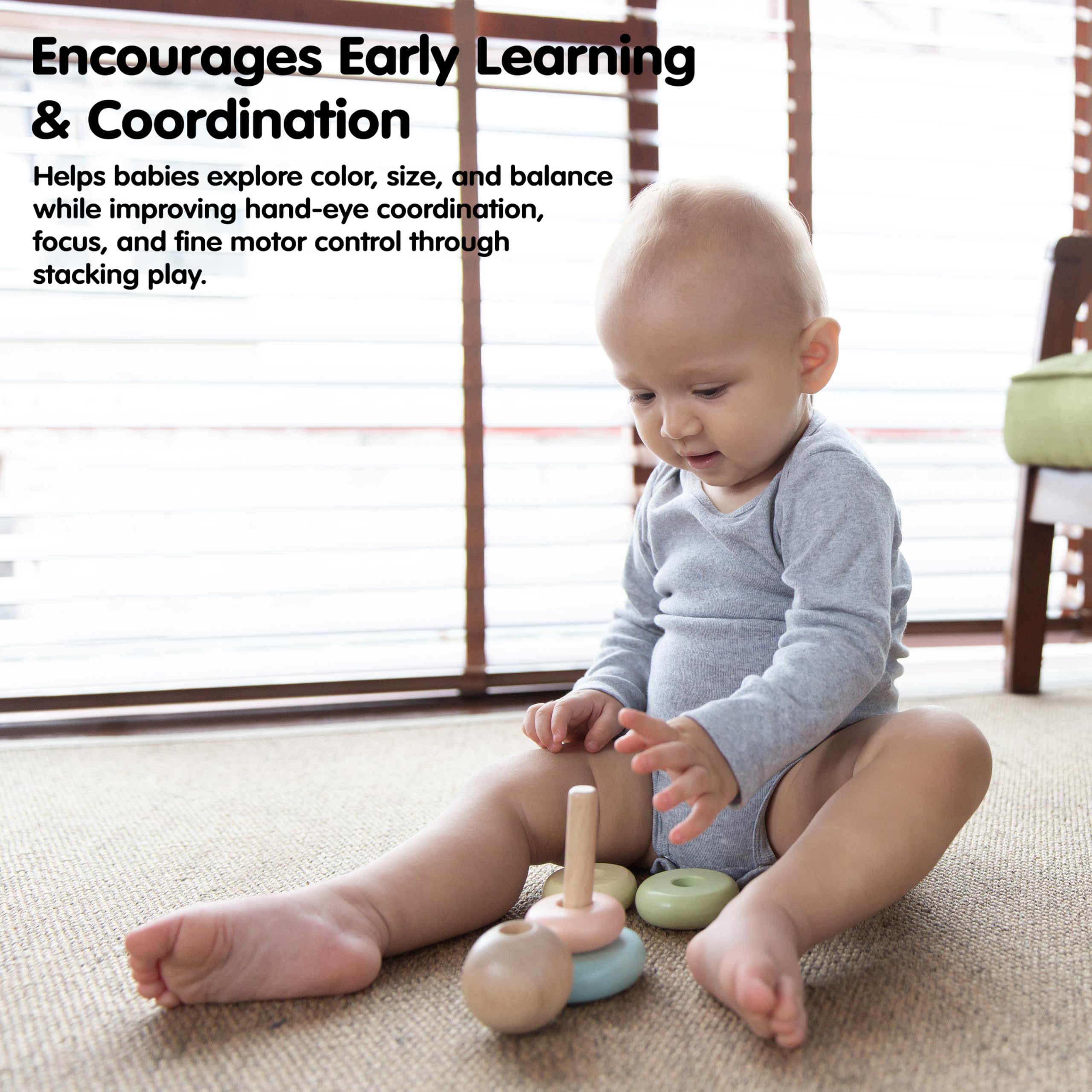 PlanToys First Stacking Ring inspired by Montessori principles for independent exploration.