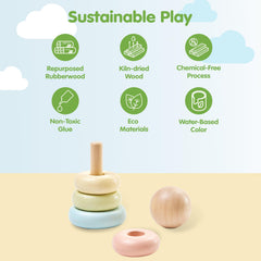 PlanToys First Stacking Ring in pastel colors, inviting sensory exploration and calm focus.
