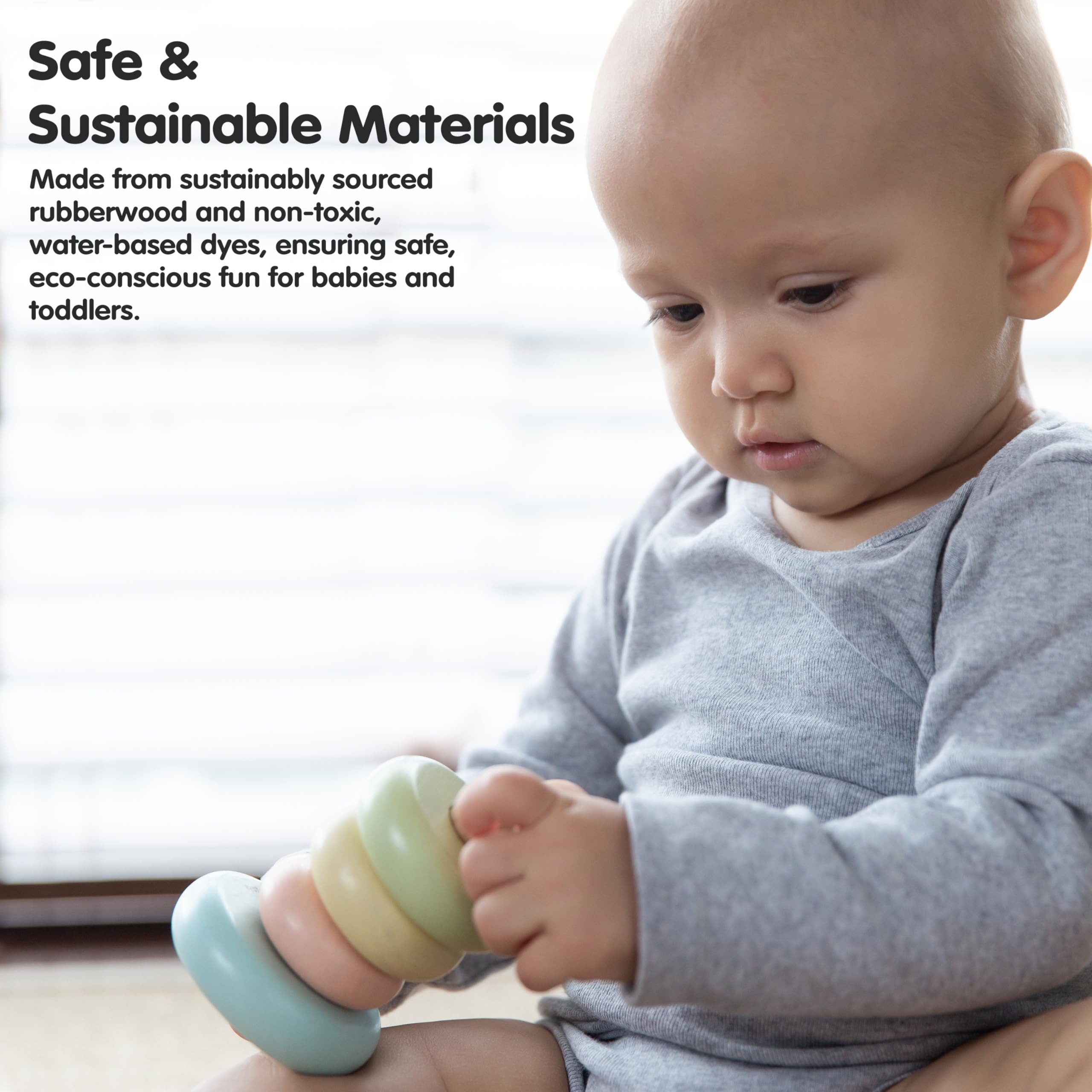 PlanToys First Stacking Ring made from sustainable rubberwood with non-toxic finishes for safety.