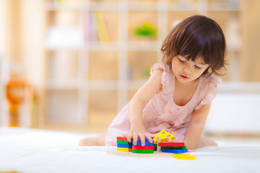 PlanToys geometric blocks in red, yellow, green, and blue color-coding for color recognition.