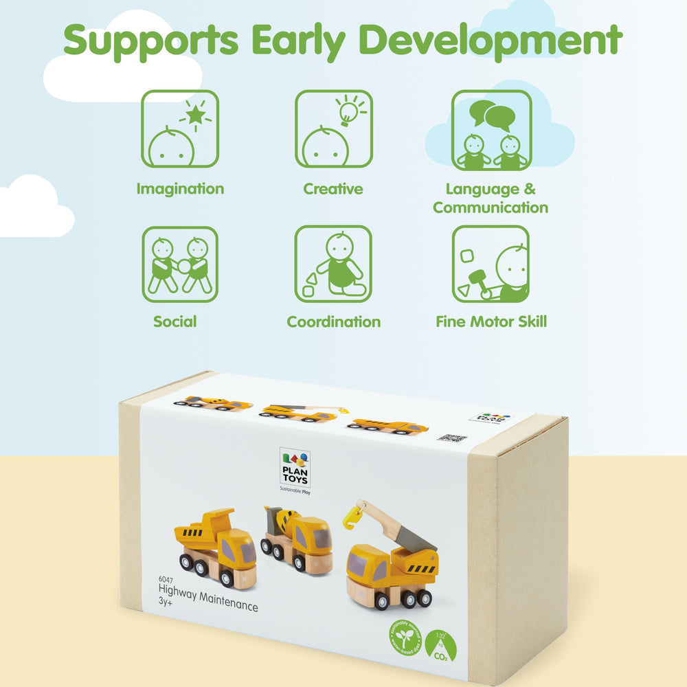 PlanToys road construction scene highlights cooperative play and language as kids build routes.
