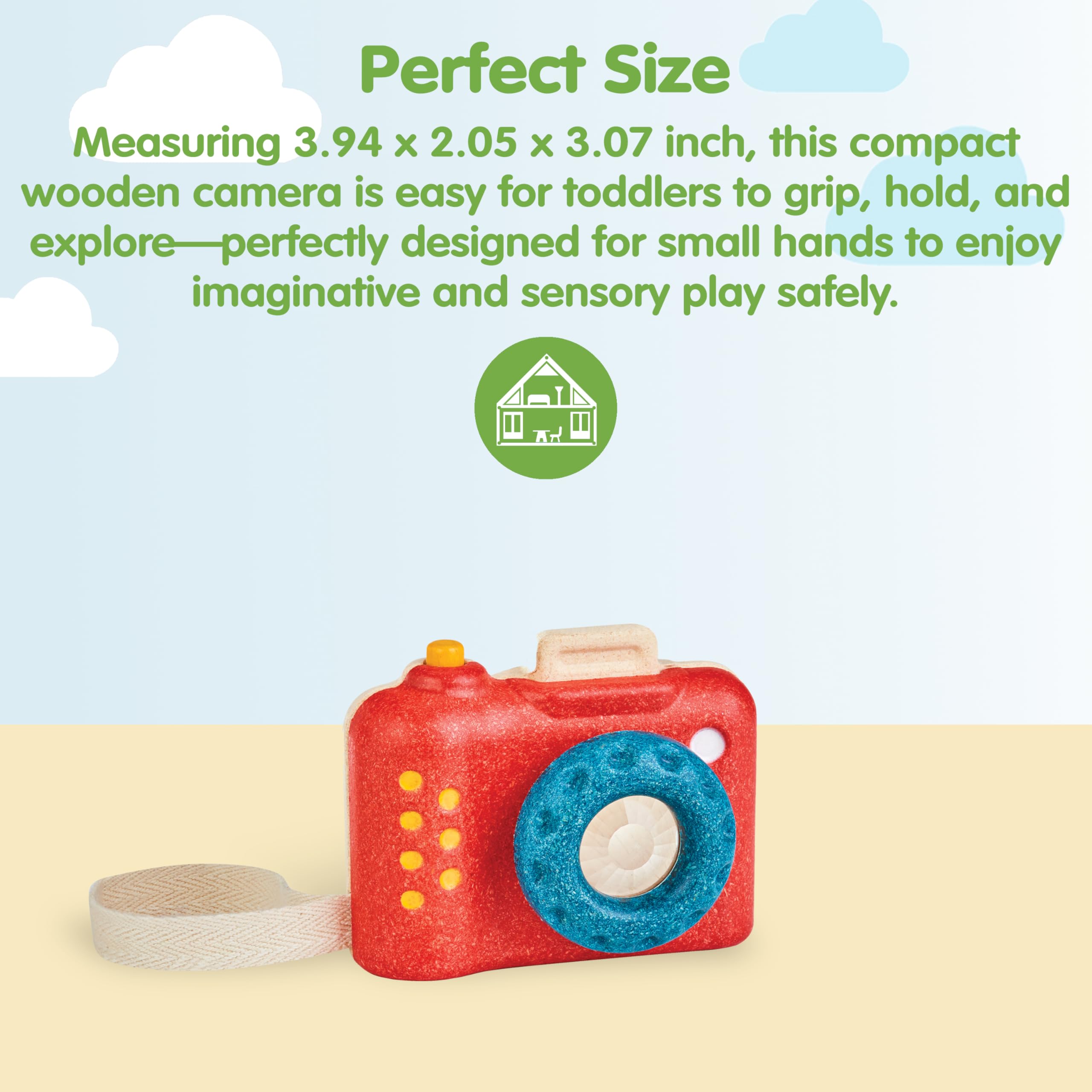 PlanToys My First Camera clickable shutter promotes precise finger control during play.