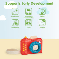 PlanToys My First Camera uses water-based dyes for vibrant, non-toxic colors.