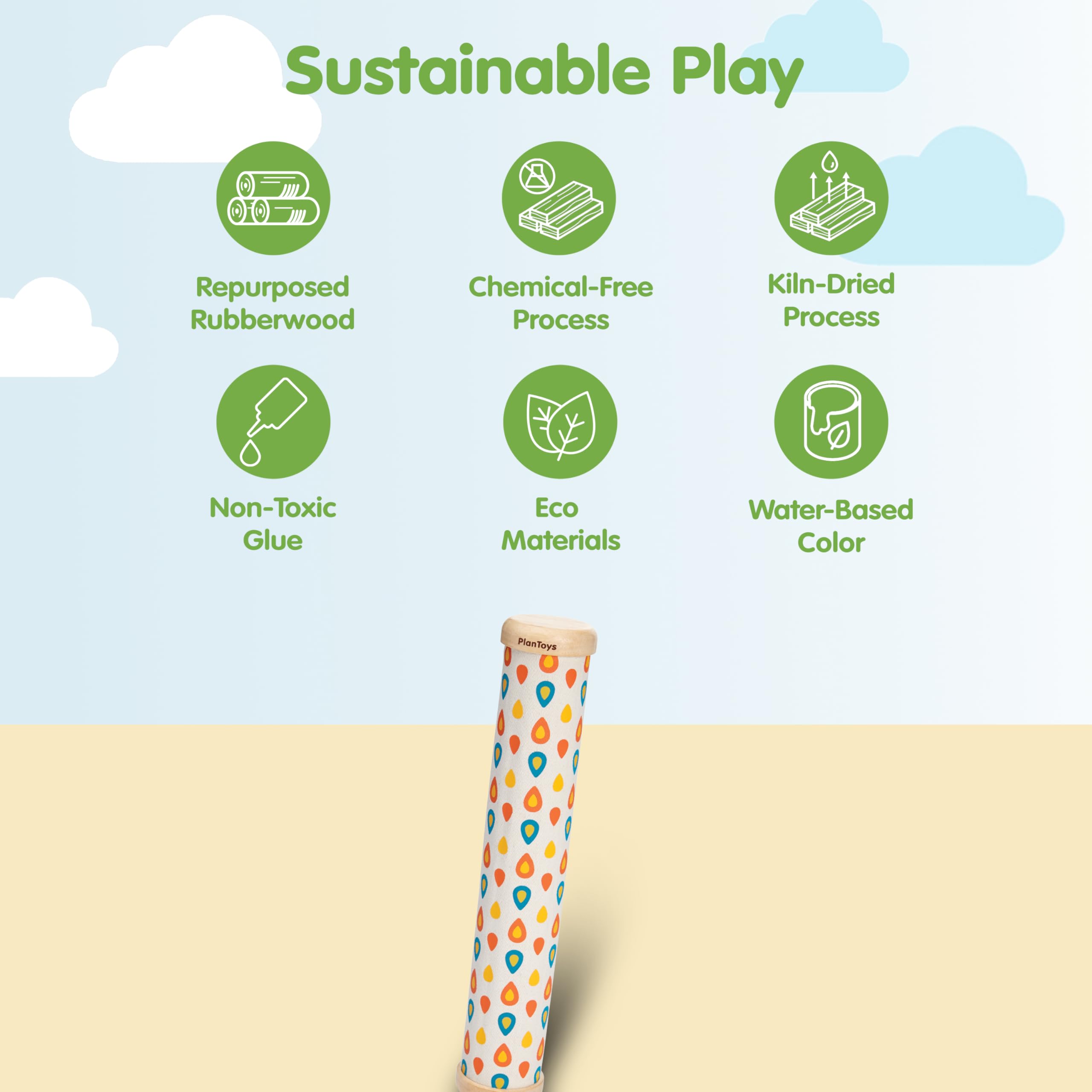 PlanToys Rain Maker uses eco-friendly natural rubberwood for safe, sustainable play.