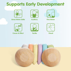 PlanToys rolling wooden wheels in action to support gross motor movement.