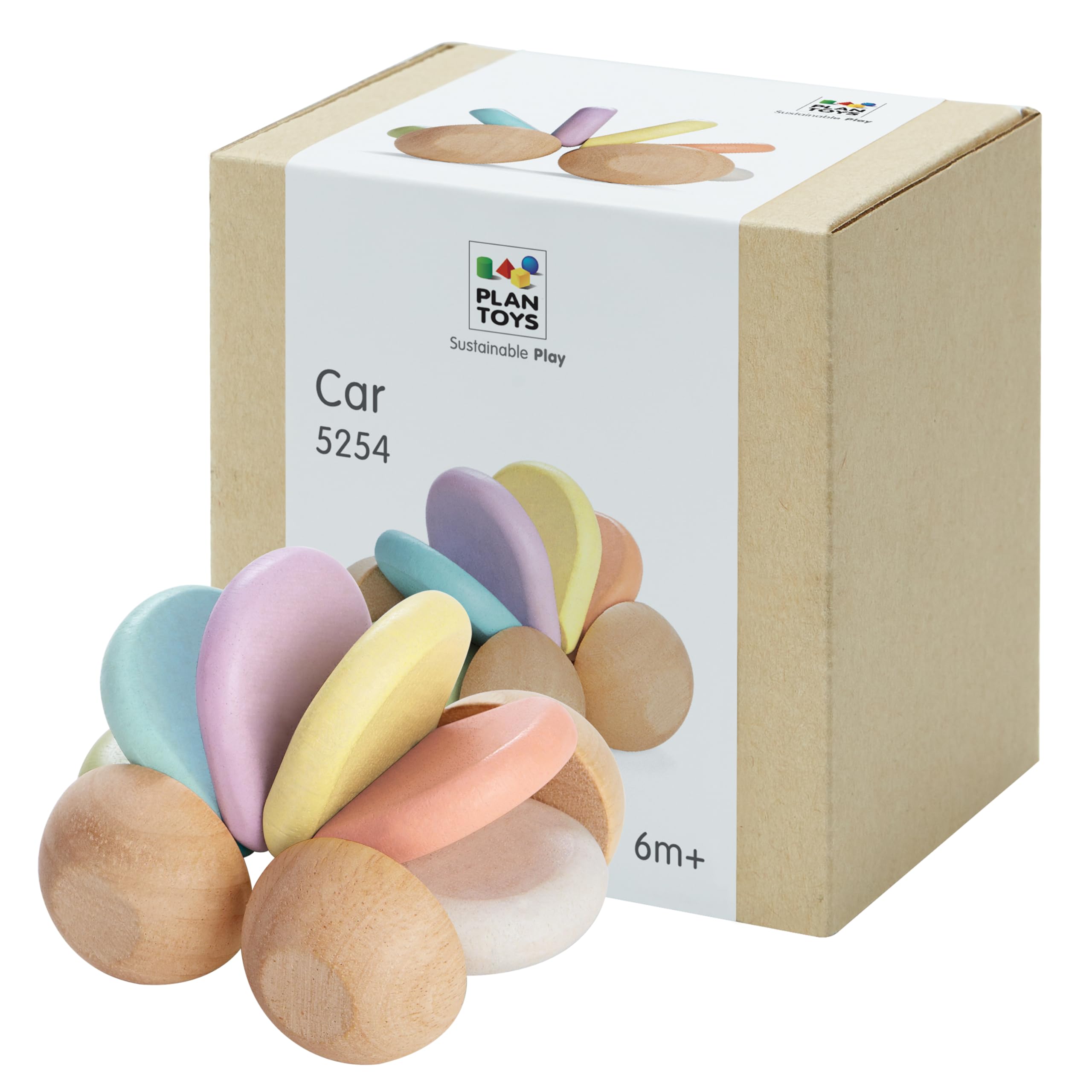PlanToys wooden baby push toy car on a soft mat, promoting early sensory exploration.