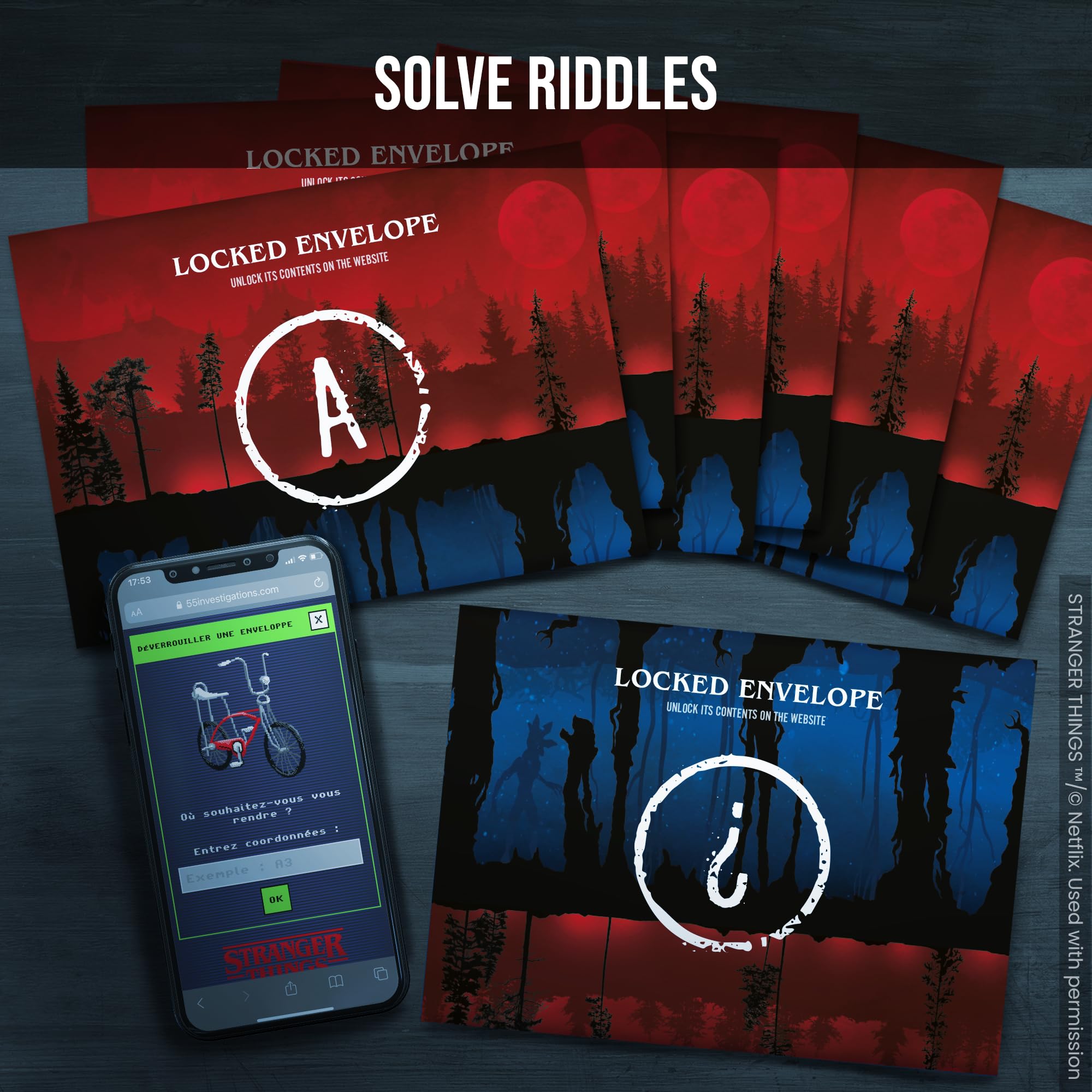 Platonia PROFILER: seven envelopes of evidence guide the escape-style puzzle flow.