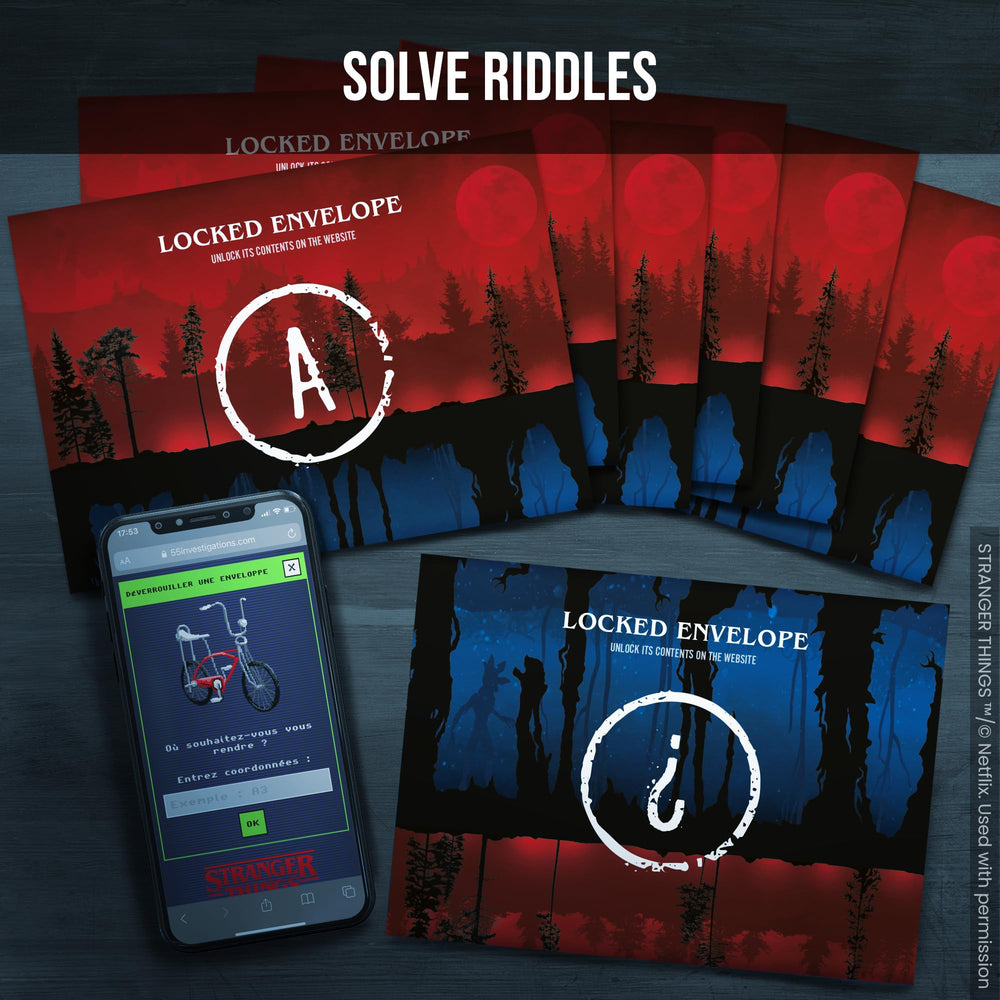 Platonia PROFILER: seven envelopes of evidence guide the escape-style puzzle flow.