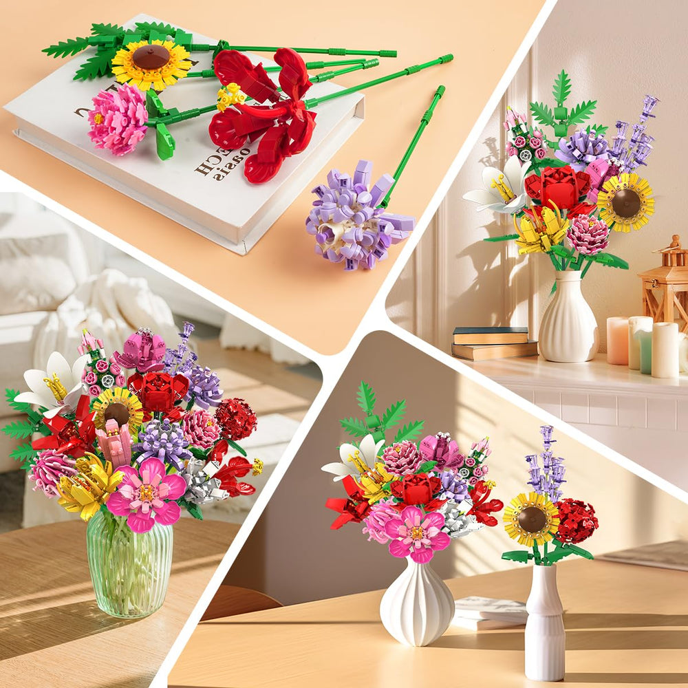 PLAXSOON Flower Bouquet Building Set hibiscus close-up shows bright color.