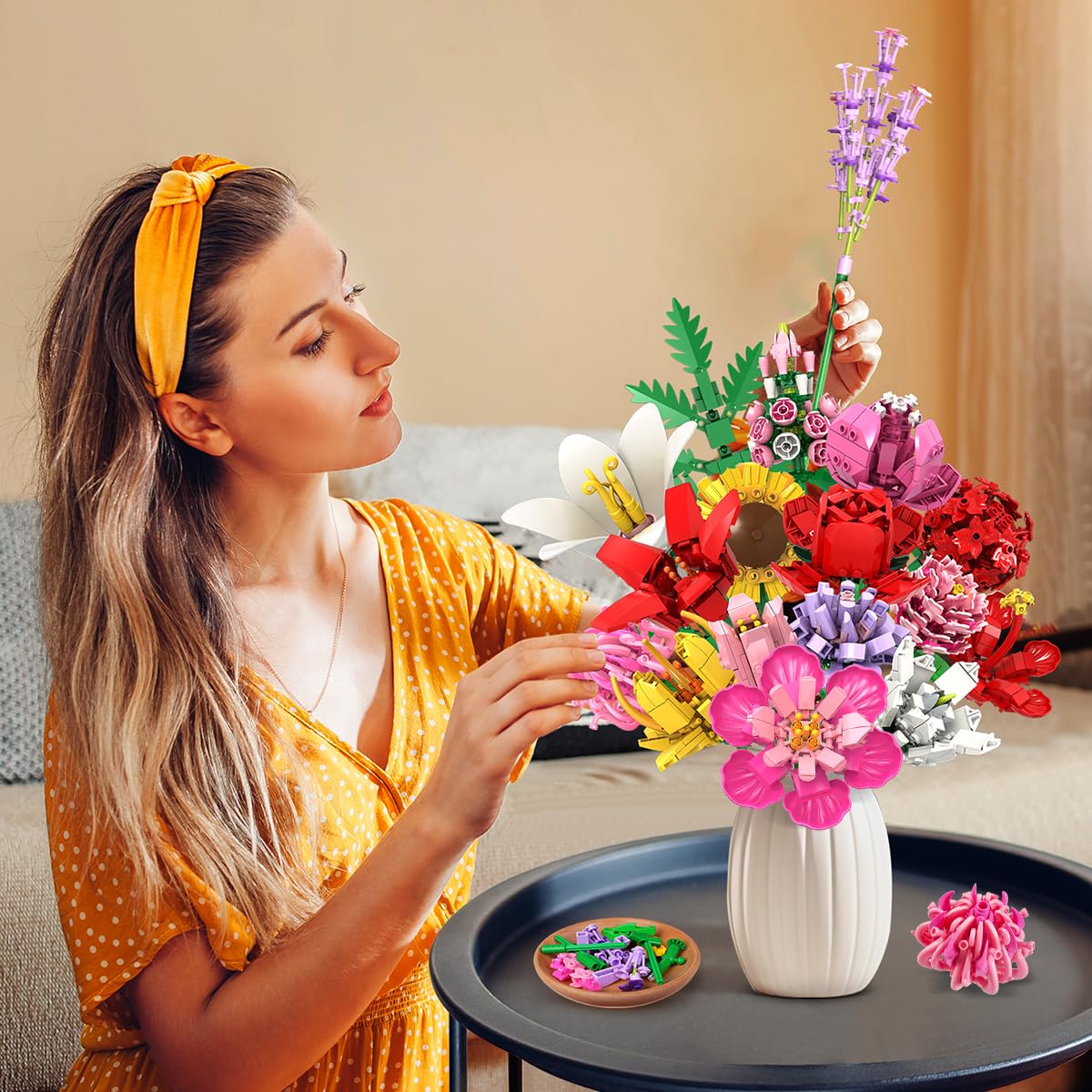 PLAXSOON Flower Bouquet Building Set sunflowers brighten office decor.