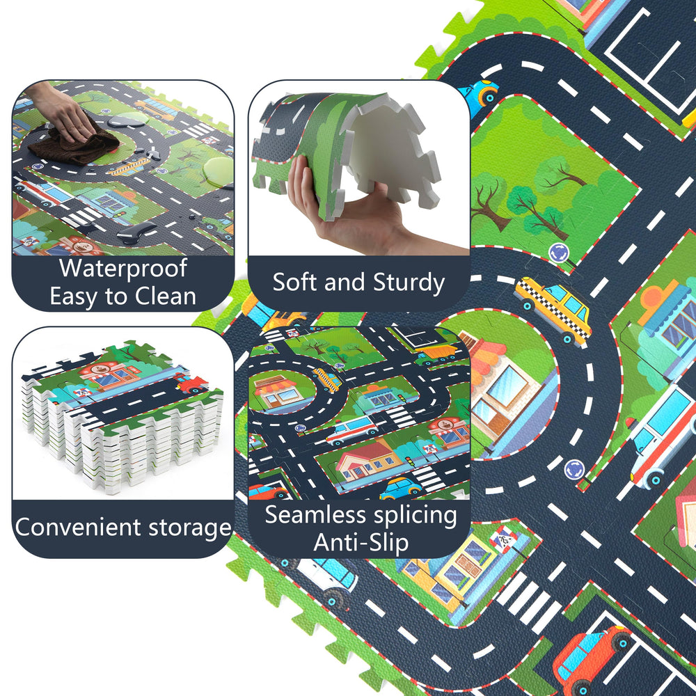 PLAY 10 mat with shops, cars, and roads design supports imaginative play