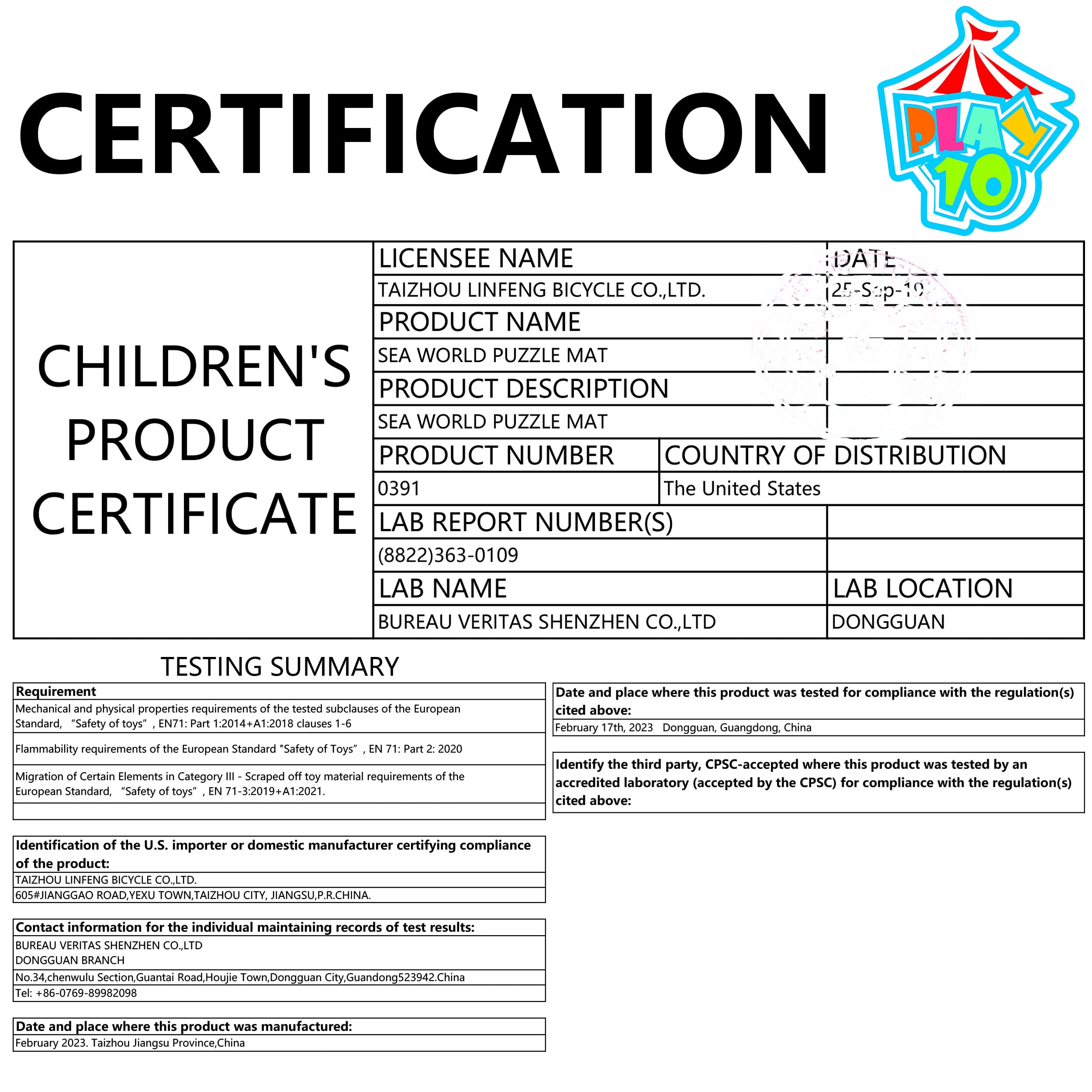 Play 10 non-toxic EVA material supports safe floor play for toddlers.
